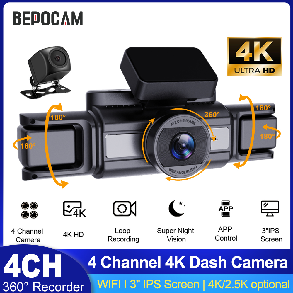 Panoramic Dash Cam 360 - Câmera Dash BEPOCAM 4CH 4K para