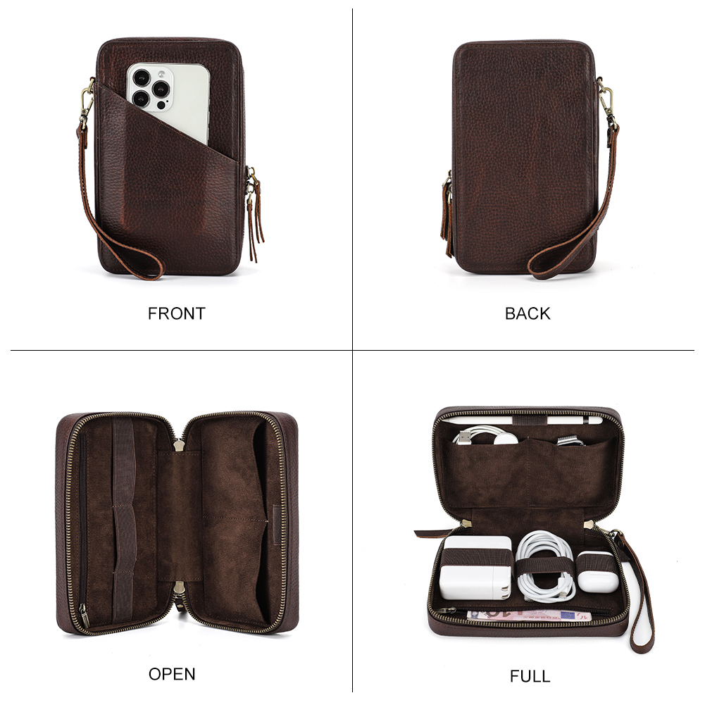 Couro genuíno portátil usb sac - Electronics Gadgets Bag avaliação e preço