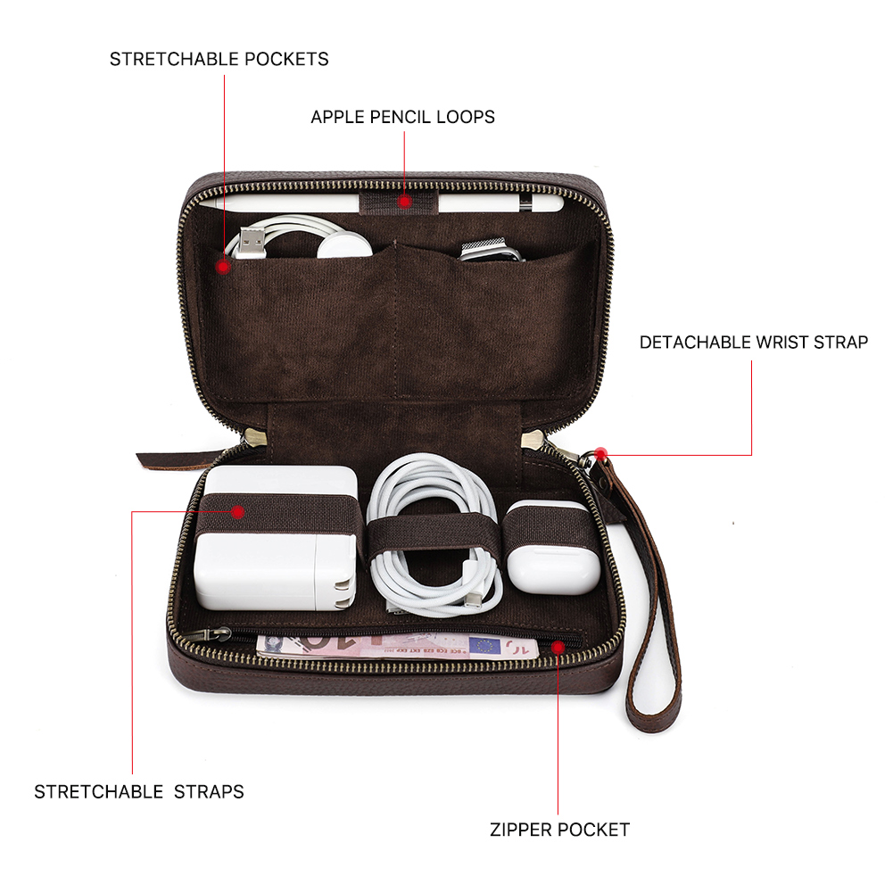 Couro genuíno portátil usb sac - Electronics Gadgets Bag avaliação e preço