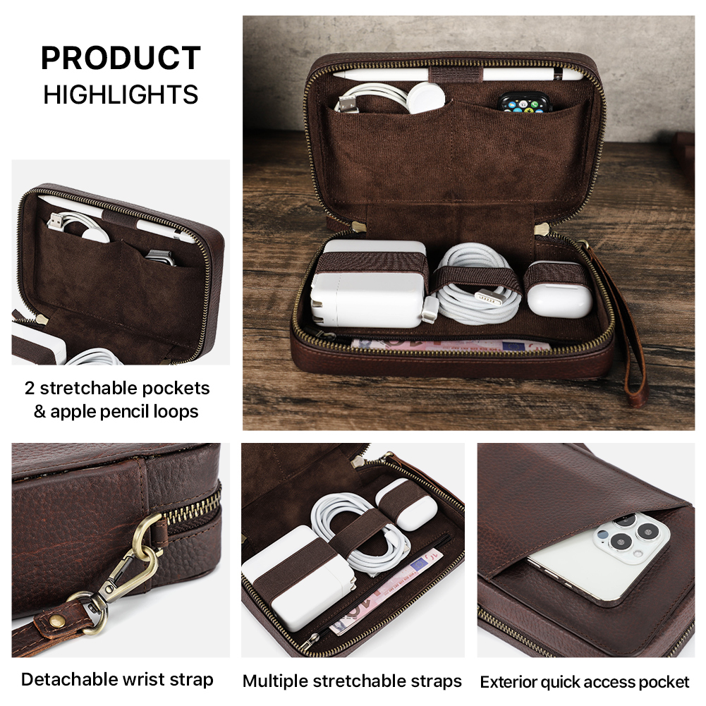 Couro genuíno portátil usb sac - Electronics Gadgets Bag avaliação e preço